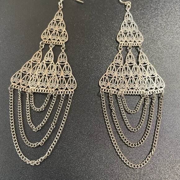 Silver Metal Chandelier Earrings with Draping Chains for Pierced Ears - Picture 4 of 4